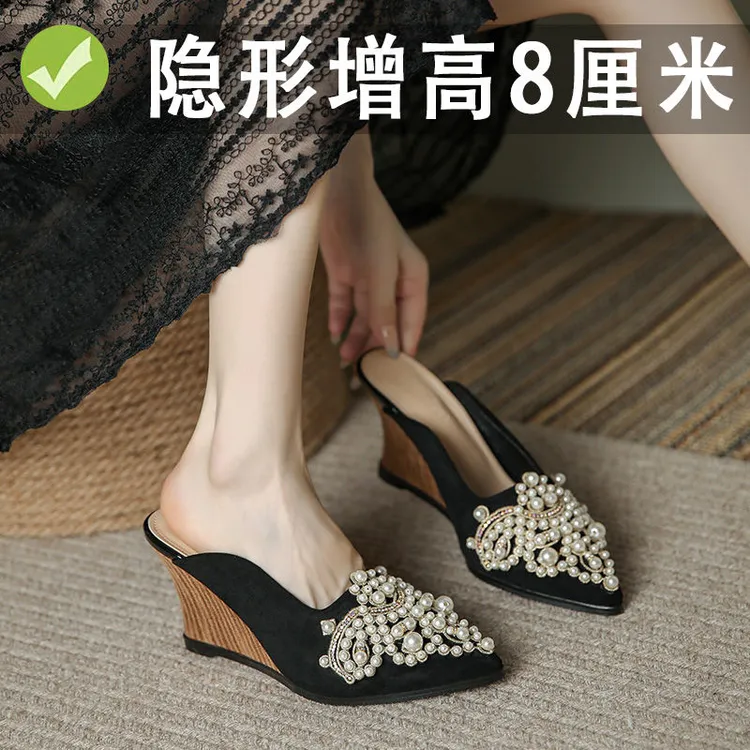坡跟包头半拖鞋女外穿春夏网红气质时尚珍珠尖头高跟鞋懒人凉拖鞋