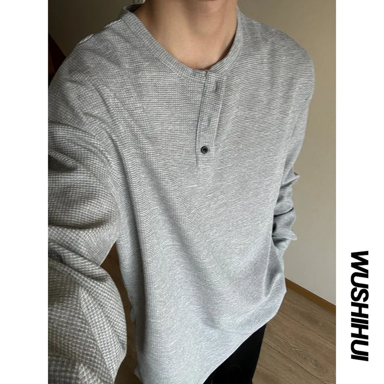 初秋松弛感亨利领长袖T恤男士百搭宽松复古体恤衫休闲运动上衣tee