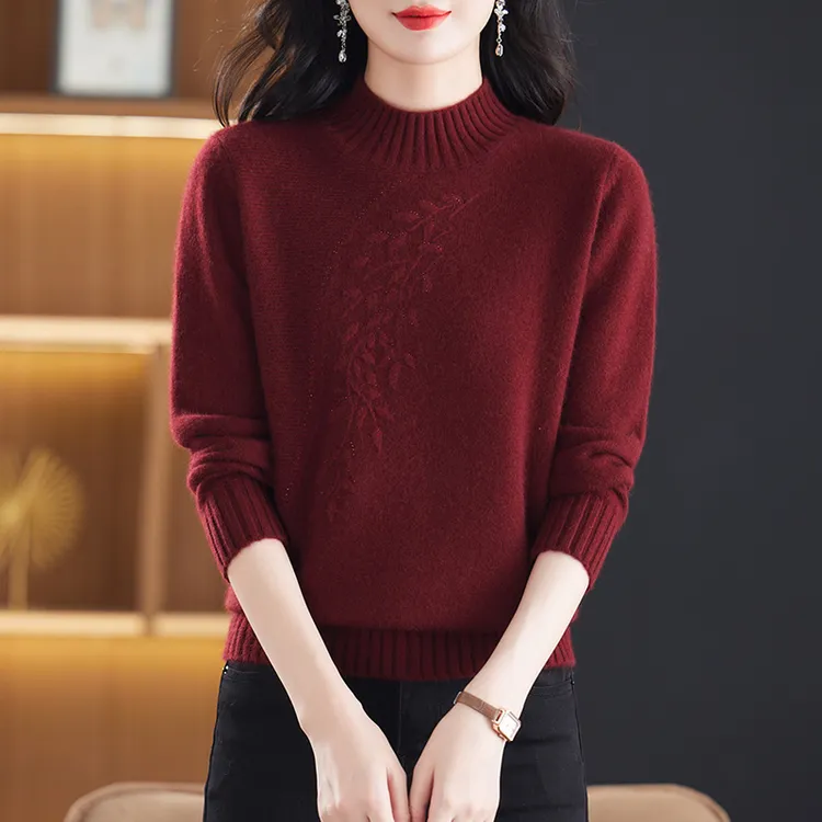 安哥拉红色加厚保暖毛衣女冬季新款宽松妈妈半高领纯羊毛打底衫