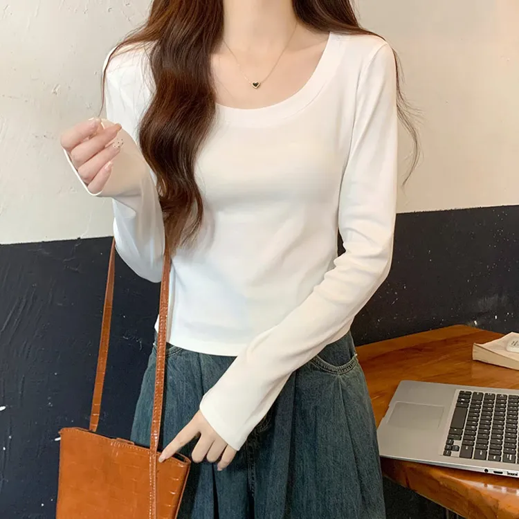 白色正肩打底衫女春秋季短款薄款内搭U领长袖T恤纯棉上衣低领修身