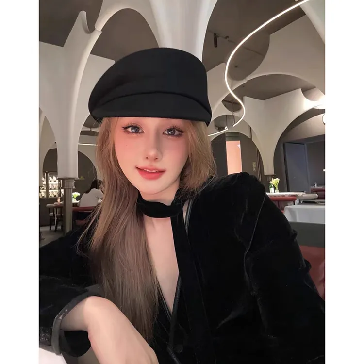 fever同款~黑色羊毛呢报童帽女八角帽子不对称贝雷帽羊毡帽画家帽