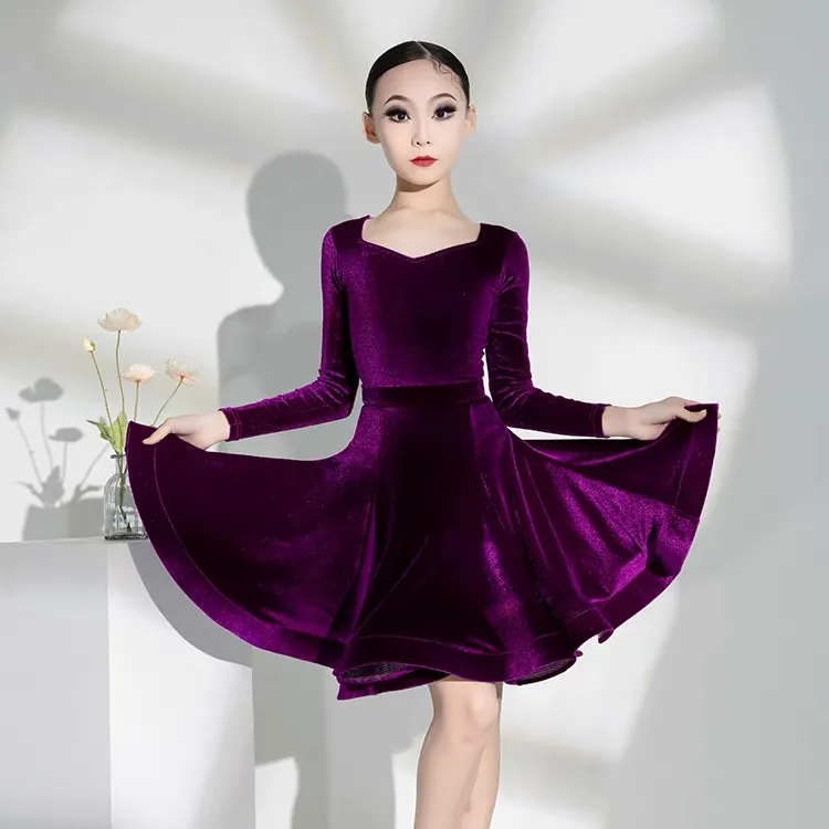 新款女童拉丁舞蹈专业比赛规定服艺考级大裙摆长袖套装演出服丝绒