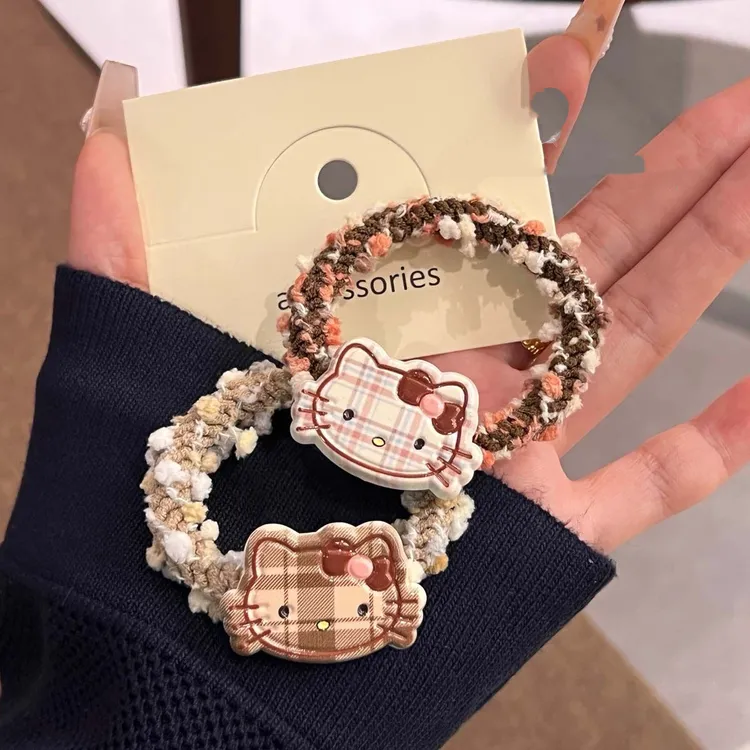 日系可爱咖色格纹kt猫发圈新款ins少女心可爱百搭刘海卡通头饰绳