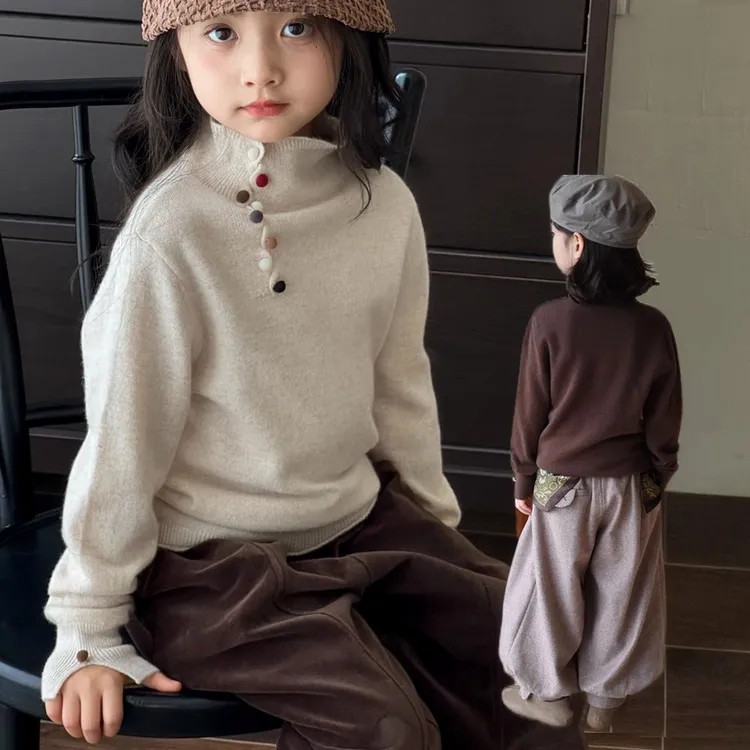 BoLa/波啦女童时尚内搭打底衫半高领毛衣2025秋冬洋气彩扣针织衫