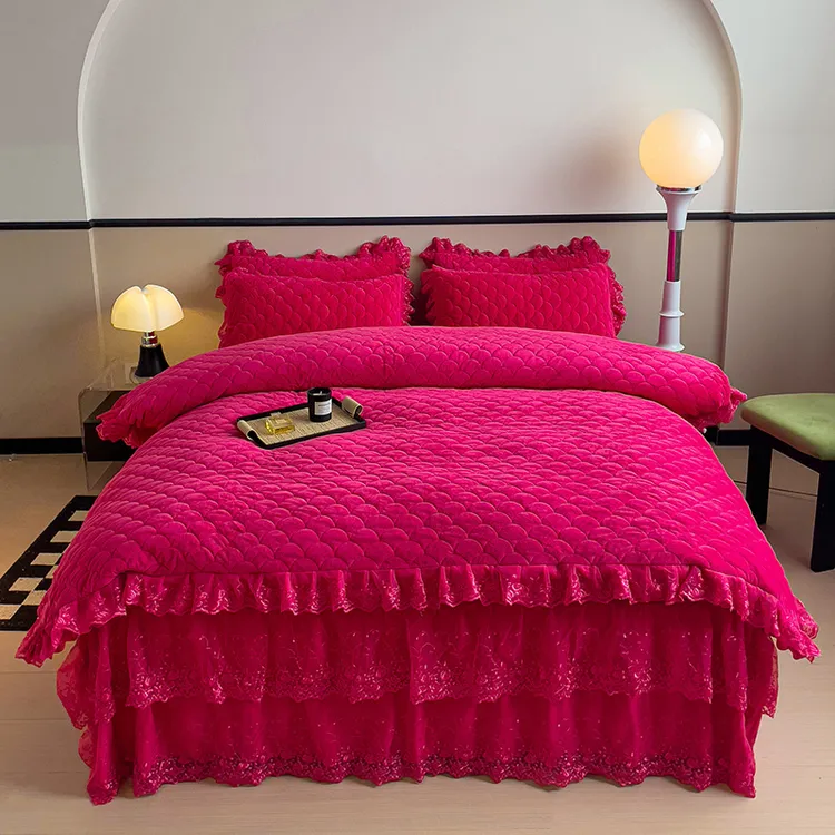 处理床上用品宝宝绒夹棉床裙款四件套双面加绒加厚被套花边牛奶绒