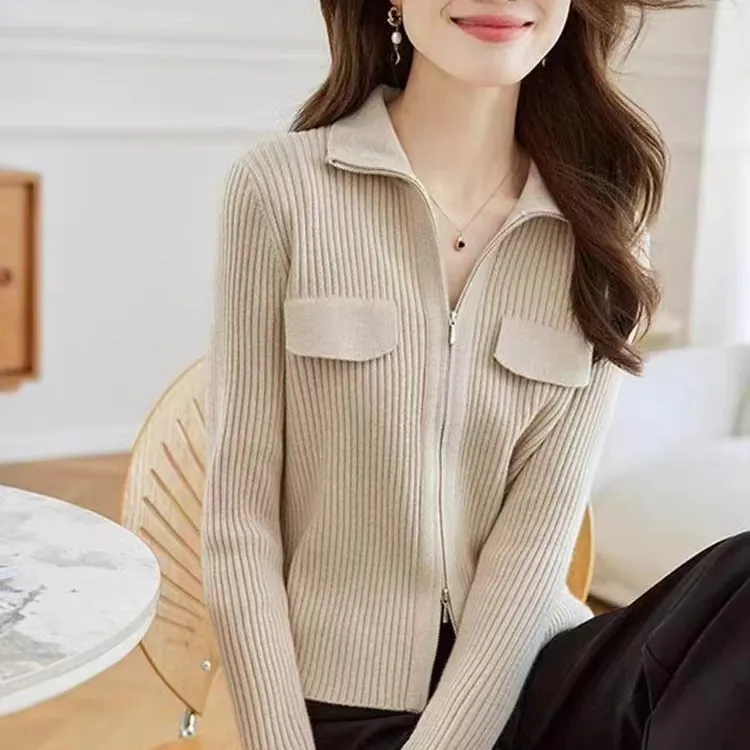 【98564】2024早春新款双拉链立领针织外套女开衫休闲百搭短款毛衣