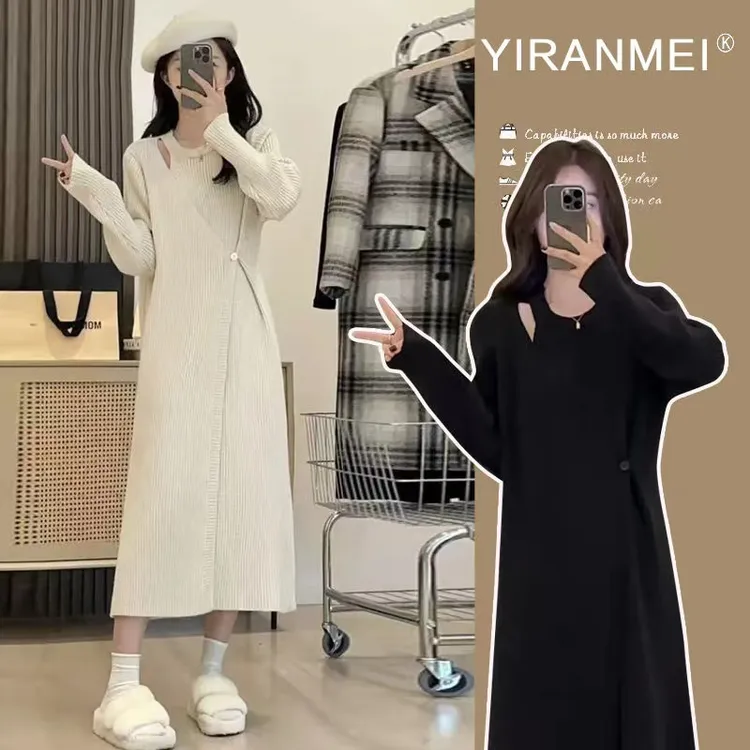 mulisha/穆丽莎内搭针织打底连衣裙子女新款中长款毛衣裙挂脖长裙