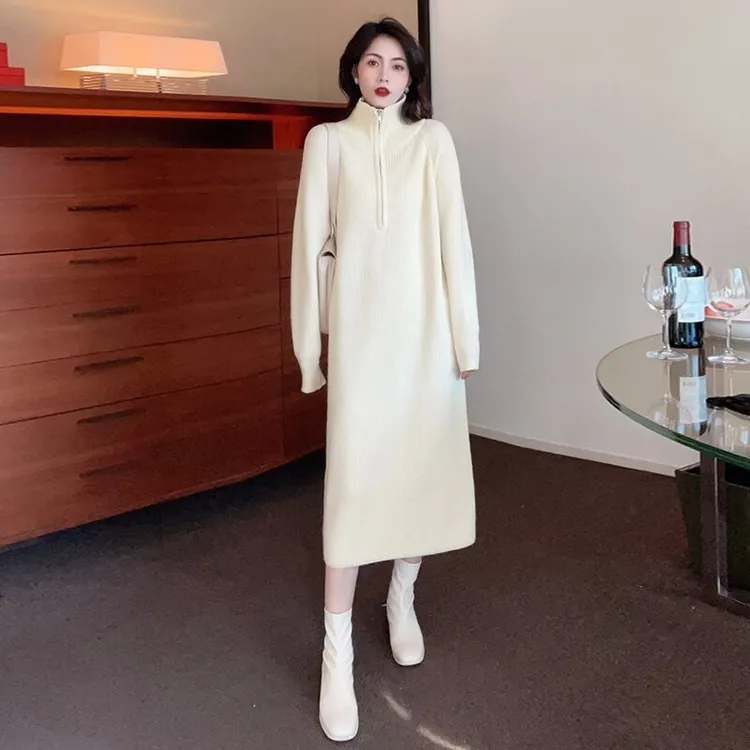 A9868秋冬新款慵懒风翻领拉链针织连衣裙女打底中长款外穿毛衣