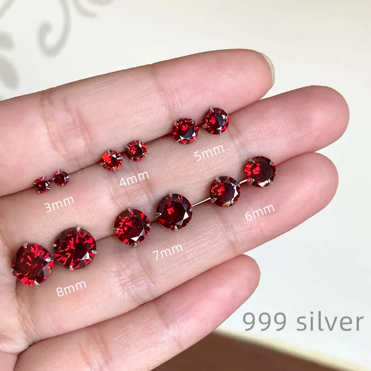 足银耳饰 S999银耳钉女仿钻红锆石简约华子超闪防过敏小众耳骨钉