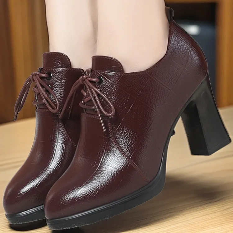 时尚单鞋女春秋新款爆款深口系带高跟尖头软皮厚底女鞋妈妈工作鞋