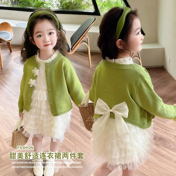 女童甜美连衣裙套装春秋季儿童小童开衫宝宝韩版蛋糕公主裙两件套