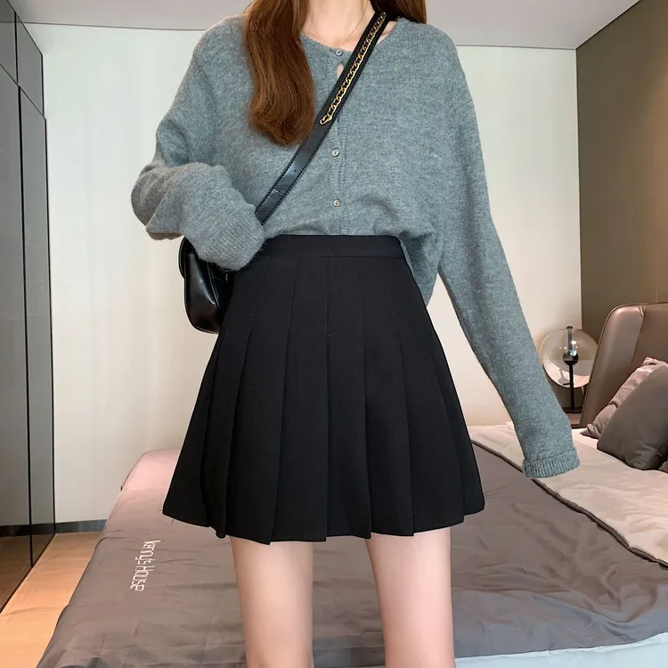 TJ1941大码MM秋冬百搭A字短裙气质百褶裙高腰半身裙显瘦黑色裙子