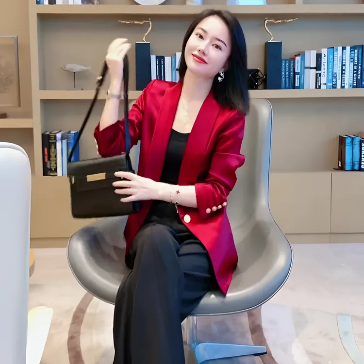 2025年春秋新款高端气质醋酸修身西装外套女小个子轻奢款显瘦上衣