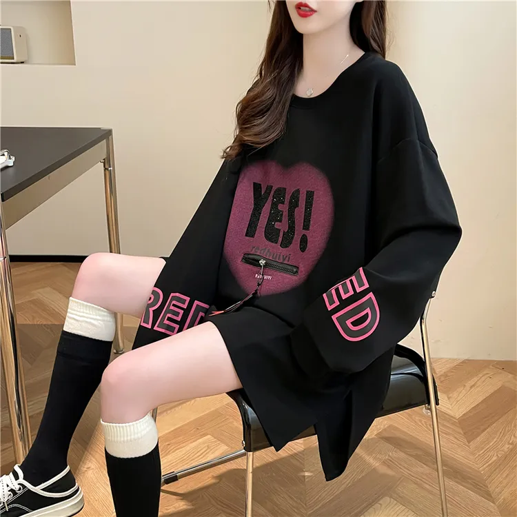 春秋季新款长袖卫衣女生上衣胖MM大码300斤圆领拉链口袋烫钻#6710