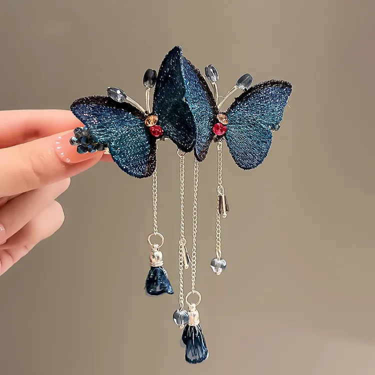 抓夹2025新款气质国风刺绣蝴蝶流苏发饰发夹头饰弹簧夹后脑勺夹子