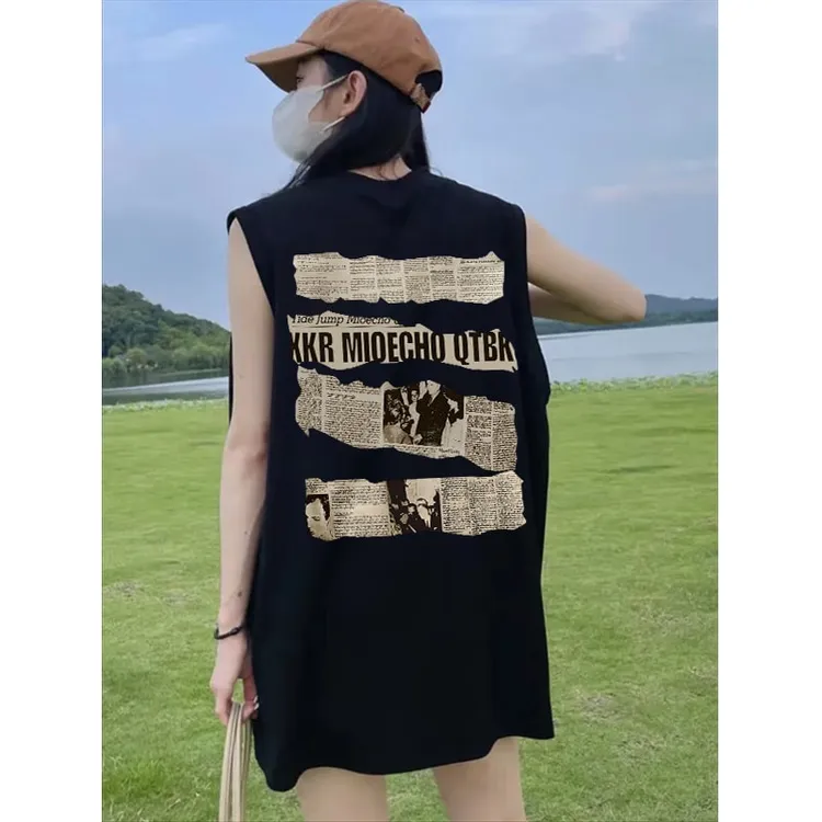 纯棉美式复古吊带背心无袖t恤女酷飒女装嘻哈百搭坎肩ins潮流上衣