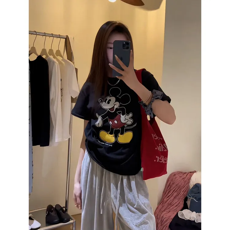 100%纯棉卡通米老鼠短袖T恤女夏季女装大码200斤新款百搭黑色上衣