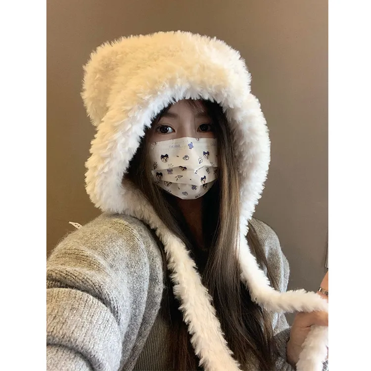 可爱毛绒绒小熊耳朵帽子女秋冬骑车加绒保暖护耳大头围雷锋帽学生