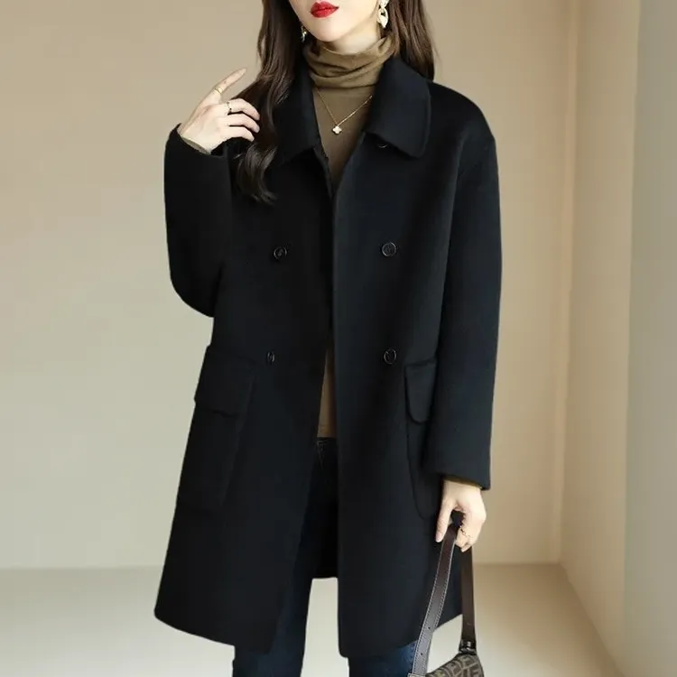 纯色2025秋冬新款韩版宽松中长款毛呢外套女双排扣显瘦呢子大衣