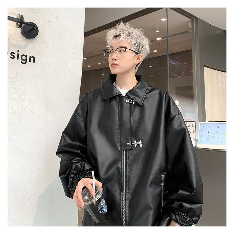美式小众设计感韩版复古飞机扣水洗外套男潮牌街头宽松百搭黑痞帅