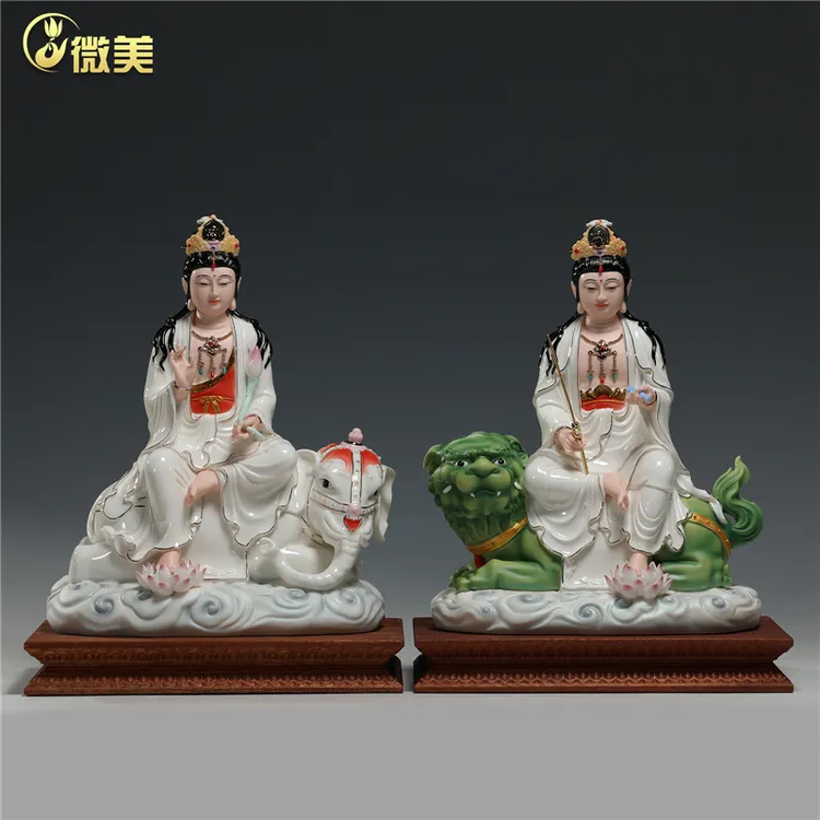 微美12至14吋彩绘文殊菩萨普贤菩萨佛像家用供奉佛堂玄关陶瓷摆件