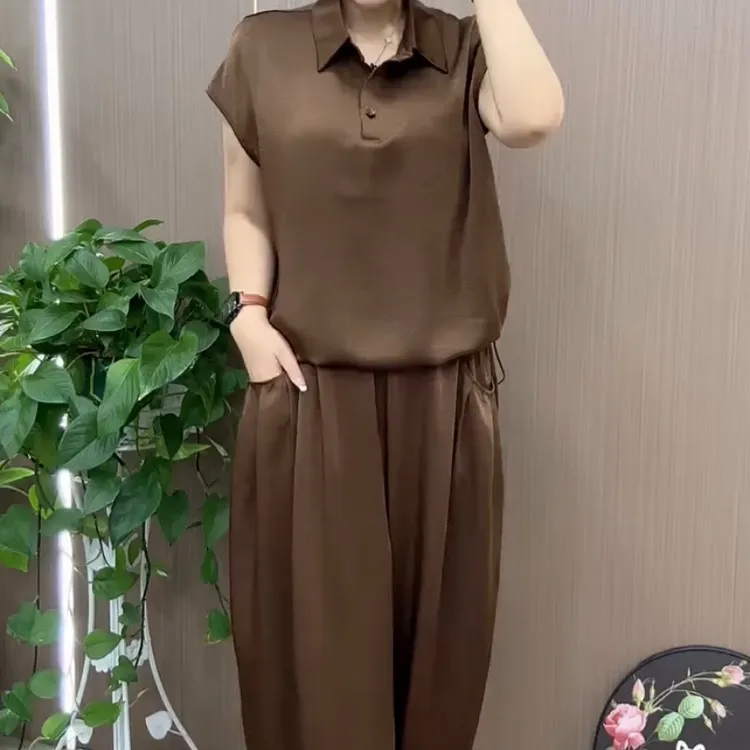 高端欧货翻领暗纹短袖衬衫加裤子两件套装爆款中国风休闲洋气女装