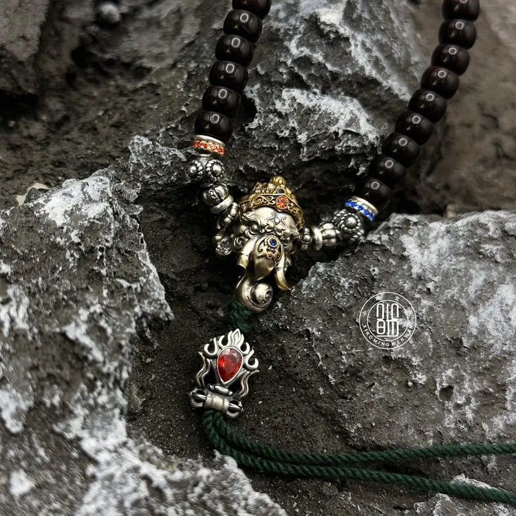 925银合成锆石银制品 战象三通搭配万向轴雕刻个性百搭彩宝复古