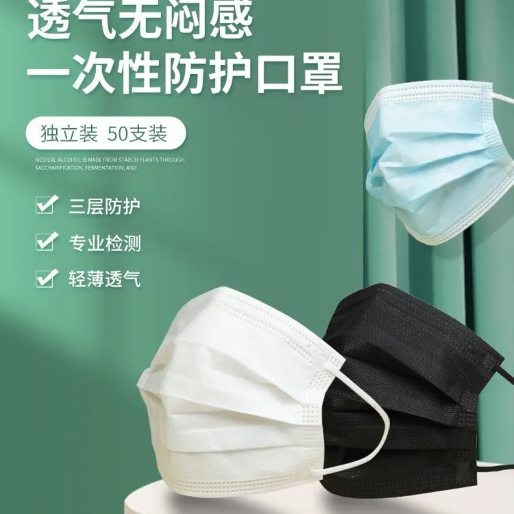 蓝白黑薄款一次性三层高颜值防晒防尘透气扁筋不勒耳温暖居家口罩