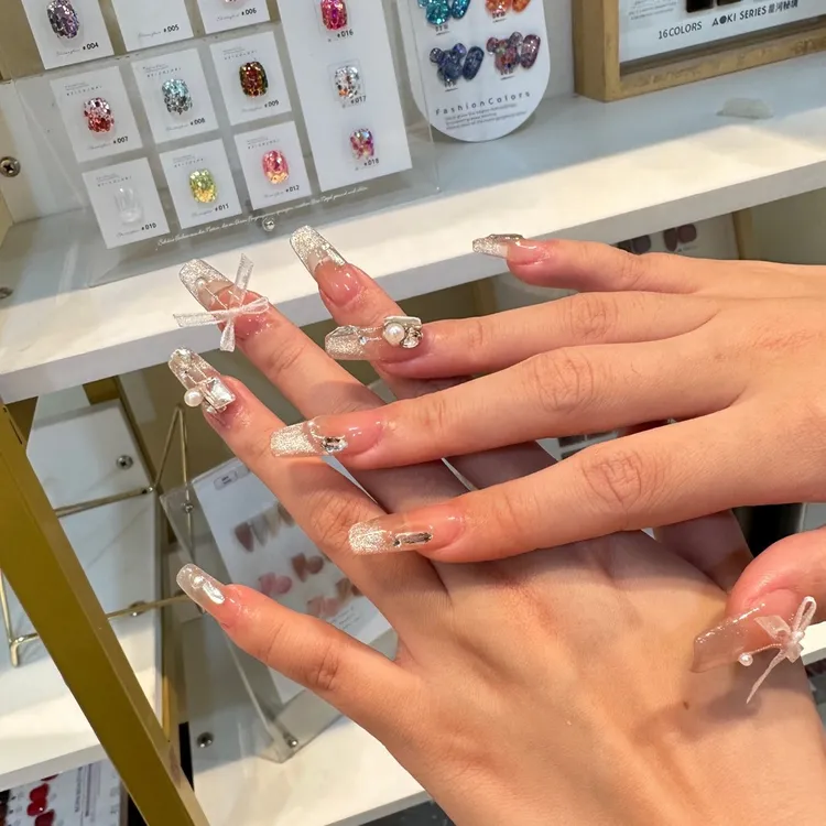 新款手工穿戴甲透色搭配晶石猫眼堆钻饰品蝴蝶结饰品成品穿戴甲