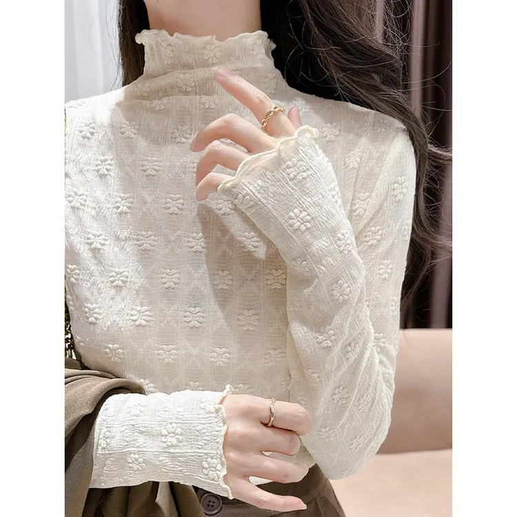 木耳边花朵刺绣水溶蕾丝打底衫2024初秋半高领蕾丝内搭外穿显瘦