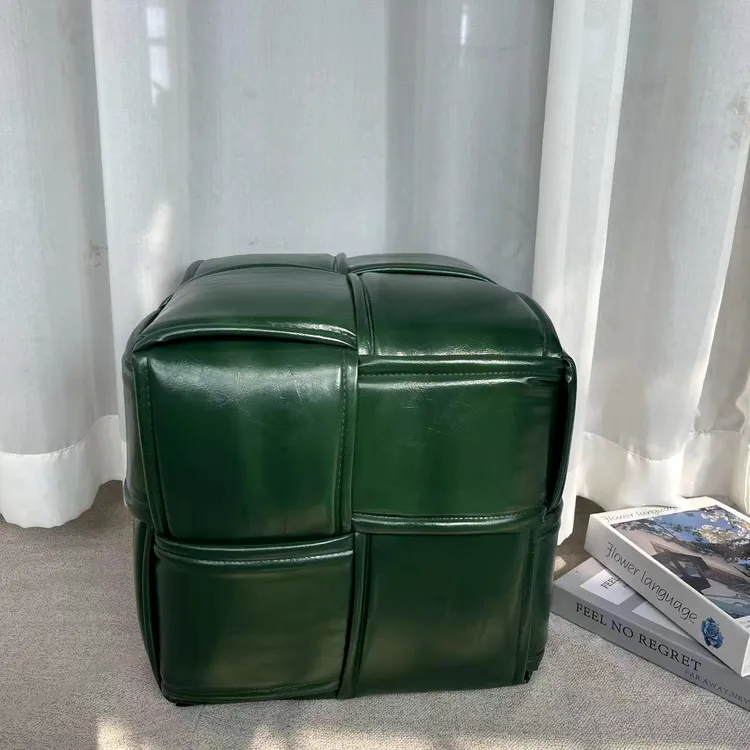 【翡翠色编织魔方凳】家用客厅门口沙发脚踏凳矮凳实木软包凳