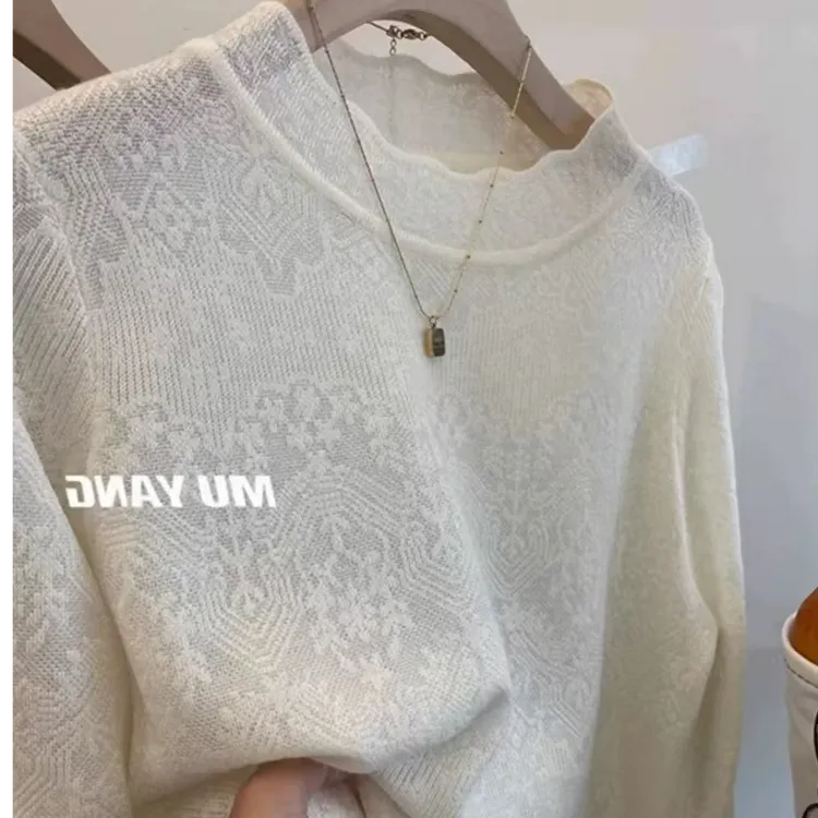 法式浪漫花边领内搭蕾丝打底衫别致提花长袖针织衫宽松镂空上衣