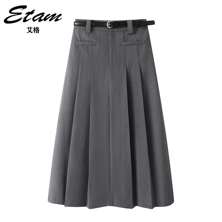 Etam/艾格2025秋季新款百褶裙中长款西装裙灰色气质显瘦A字裙女