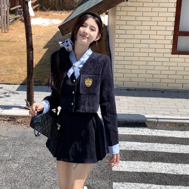 小个子学院风套装女秋冬新款高级感气质灯芯绒百褶裙JK制服两件套