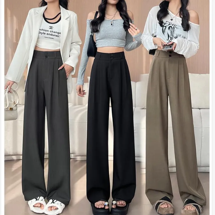 直筒裤女2025春秋窄版高腰显瘦垂感拖地双排扣休闲灰色阔腿西装裤