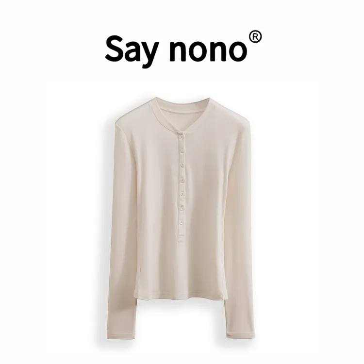 懒猫nono│Saynono 亨利领时尚莫代尔贝壳扣长袖纯色打底衫WD2101