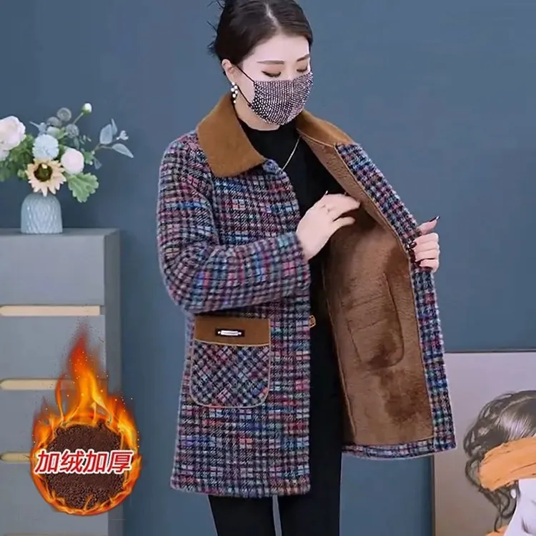 爆款妈妈装高档仿水貂外套秋冬新款加绒加厚中老年女毛呢大衣外套