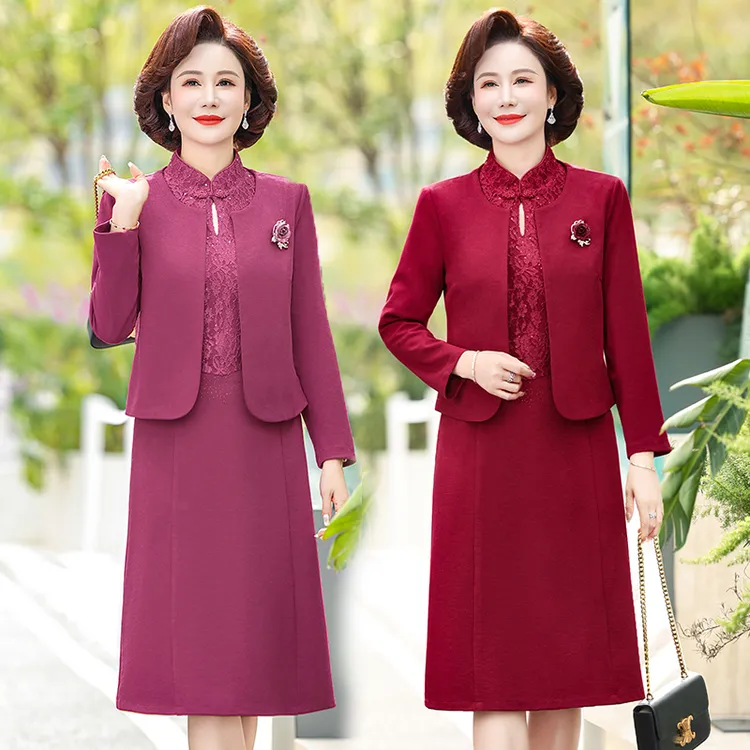 新款气质修身时尚妈妈装女婚礼礼服中国风中长款连衣裙中式两件套