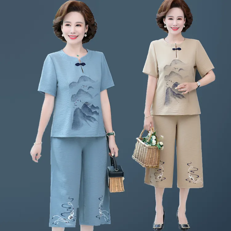 中年妈妈夏天短袖套装国风水墨画洋气时尚宽松60-70岁上衣裤子