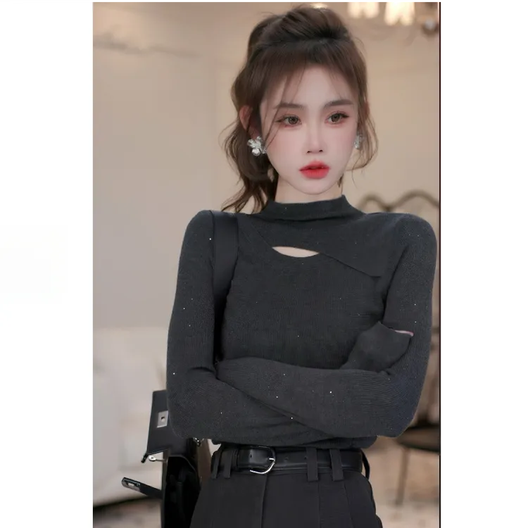 2025韩系新款秋冬百搭气质设计感半高领镂空亮闪超弹打底衫H3-35