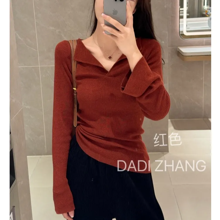 【现货】2025春季新款V领修身显瘦软糯纸片人针织打底衫女气质A6-18