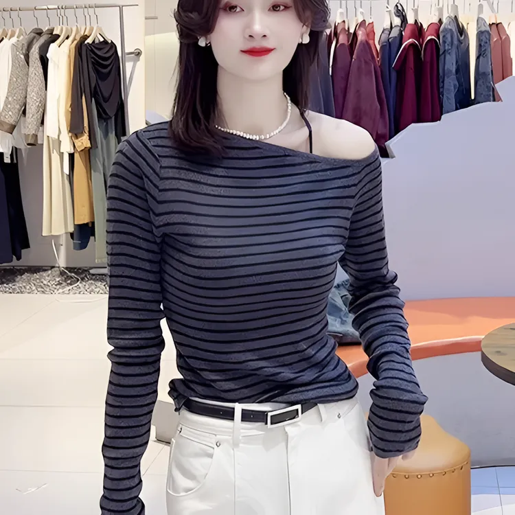 初秋穿搭薄款条纹斜肩针织衫女2025新款春季洋气一字肩上衣F6-80