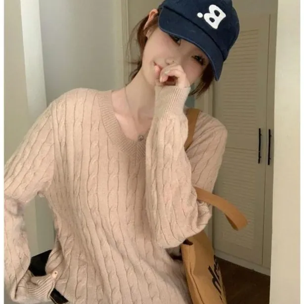 【现货】小众韩版套头2025秋冬新款v领刺绣打底上衣显瘦百搭A6-15