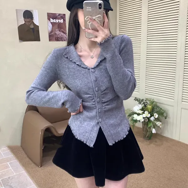 木耳边褶皱翻领针织开衫女时尚修身收腰打底衫辣妹风上衣E4-43