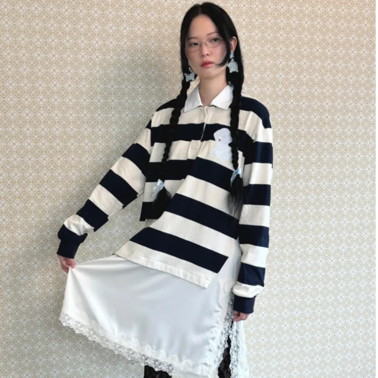 M5D ·Jolie Laide韩国品牌24秋冬复古条纹polo假两件连衣裙长袖