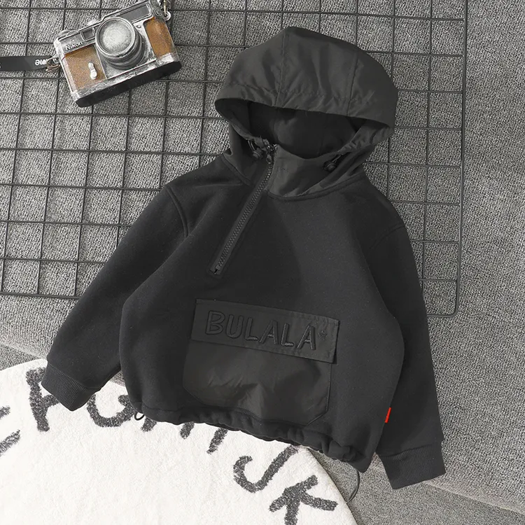 男童加绒连帽卫衣宽松冬季新款儿童帽衫黑色套头衫中大童保暖上衣