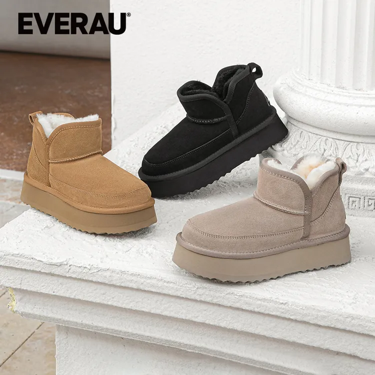 EVERAU厚底雪地靴女2025冬季新款短筒时尚V口保暖羊毛靴EA3170
