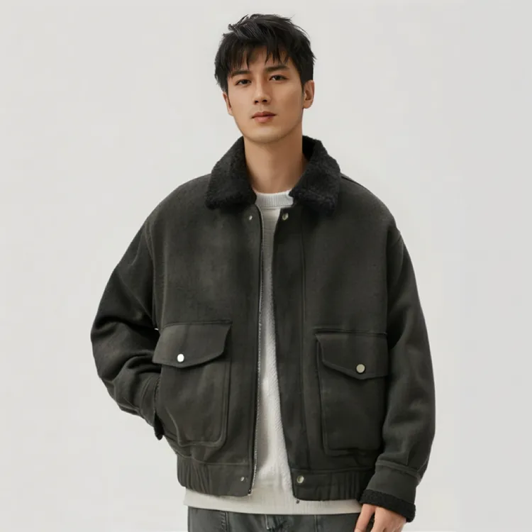 秋冬加厚款夹克外套羊羔翻领机车服美式复古潮流男生休闲外套爆款