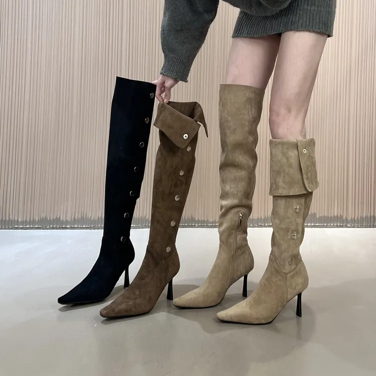 设计感排扣过膝靴子时髦精高跟长筒靴