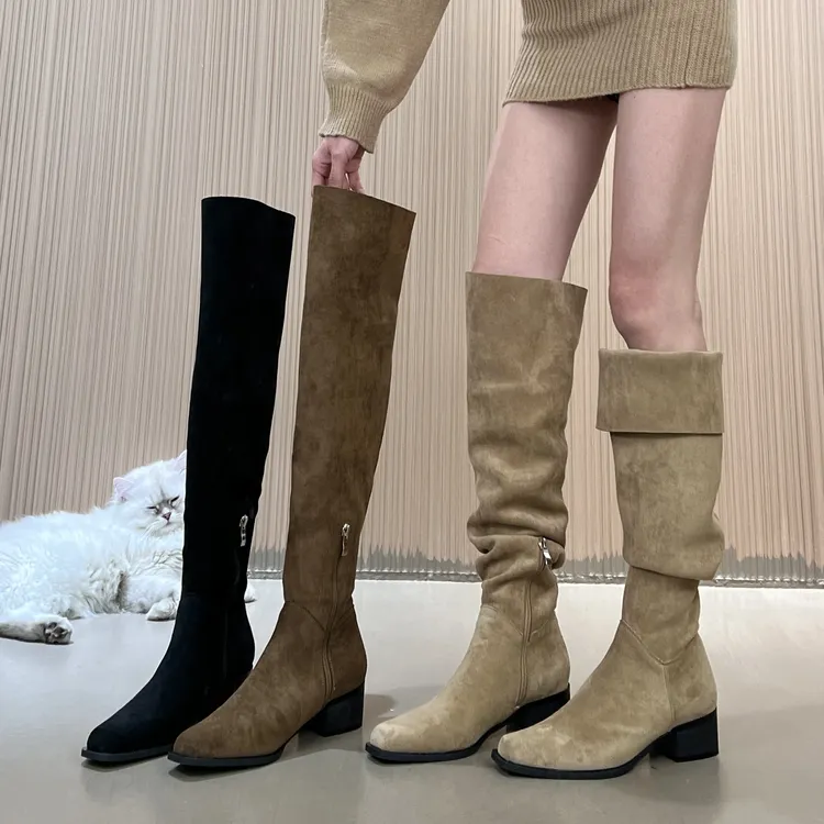 一靴多穿～平底低跟绒面弹力瘦瘦靴过膝靴子辣妹堆堆靴女